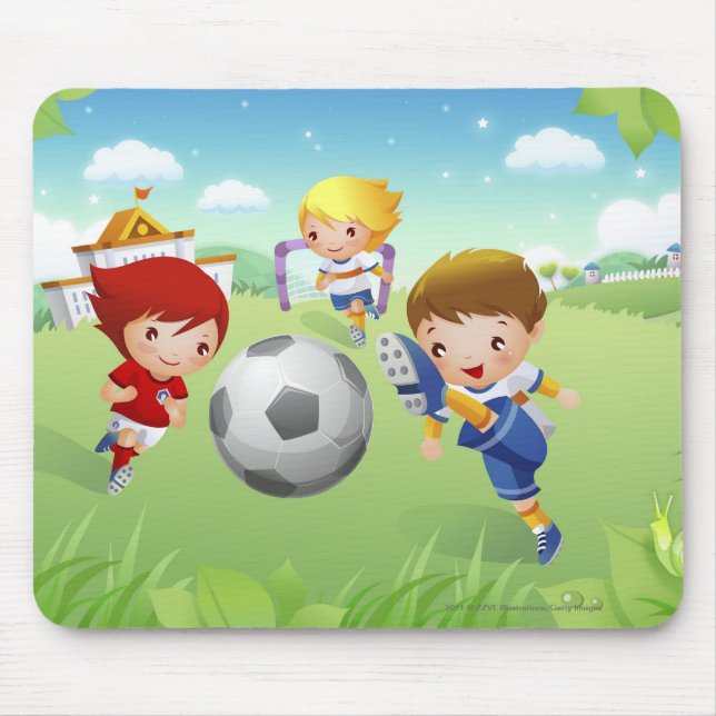 Two girls and a boy playing soccer mouse pad (Front)