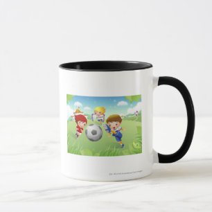 Two girls and a boy playing soccer mug