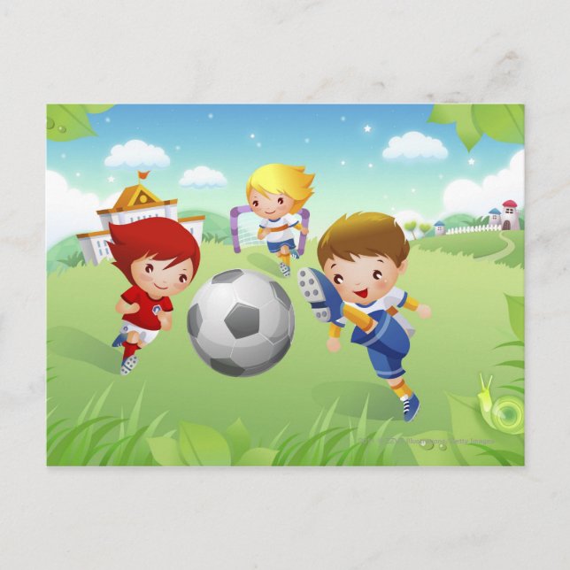 Two girls and a boy playing soccer postcard (Front)