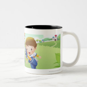 Two girls and a boy playing soccer Two-Tone coffee mug