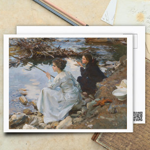 Two Girls fishing, Fine Art  Postcard