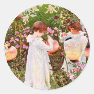Two Girls in Garden Vintage Classic Round Sticker