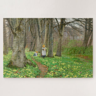 Two girls picking flowers in spring forest jigsaw puzzle