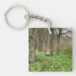 Two girls picking flowers in spring forest key ring
