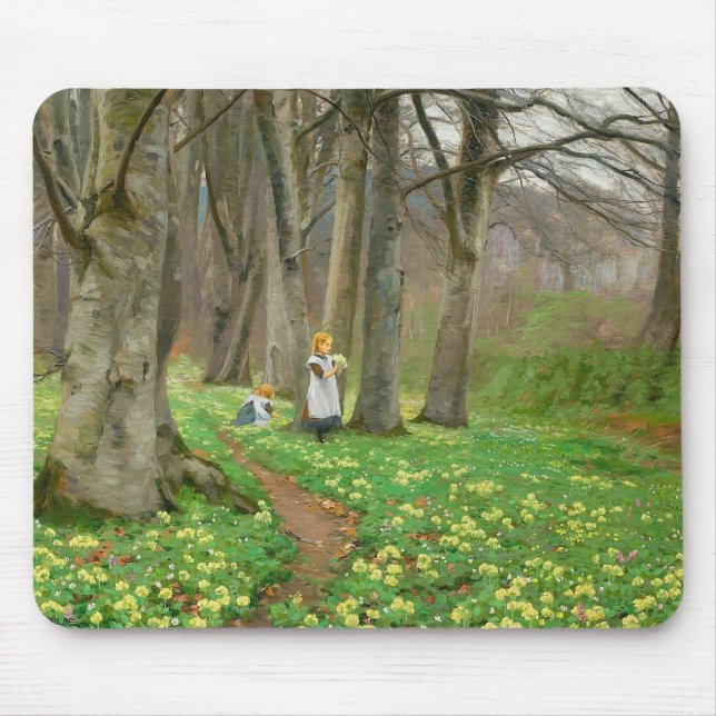 Two girls picking flowers in spring forest mouse pad (Front)