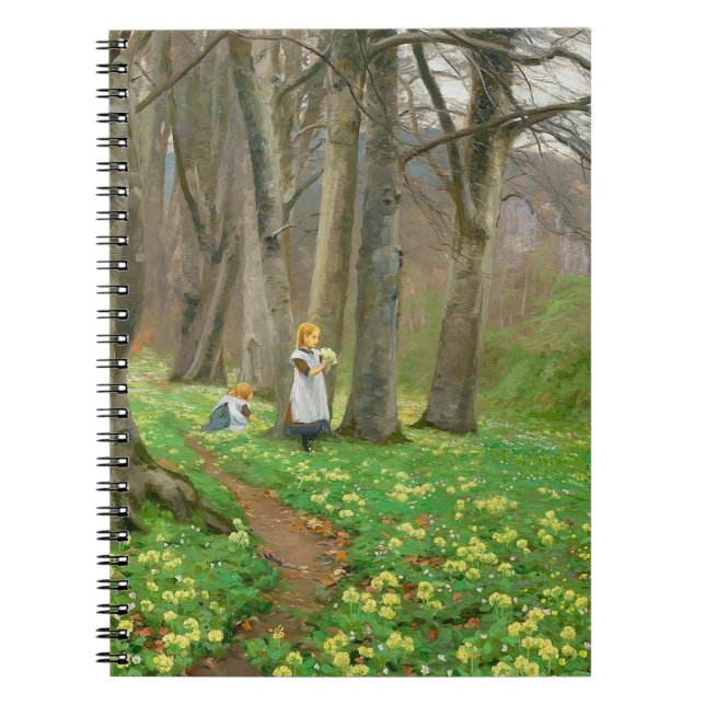 Two girls picking flowers in spring forest notebook (Front)