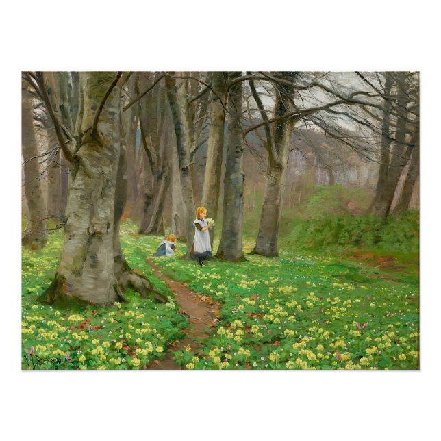 Two girls picking flowers in spring forest poster (Front)