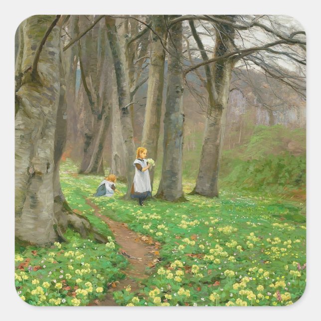 Two girls picking flowers in spring forest square sticker (Front)