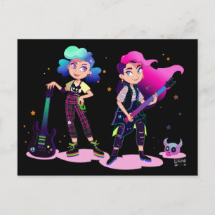 Two girls play guitars postcard