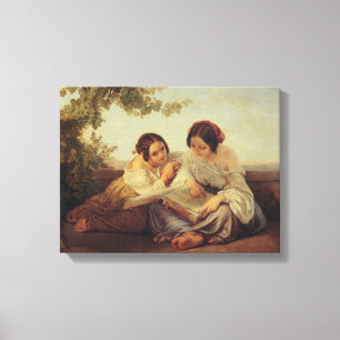 Two girls reading book painting canvas print