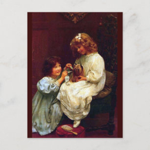 Two Girls Sisters Pet Dog Antique Painting Postcard