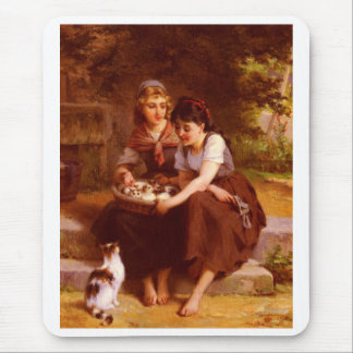 Two Girls With A Basket Full Of Kittens Mouse Pad