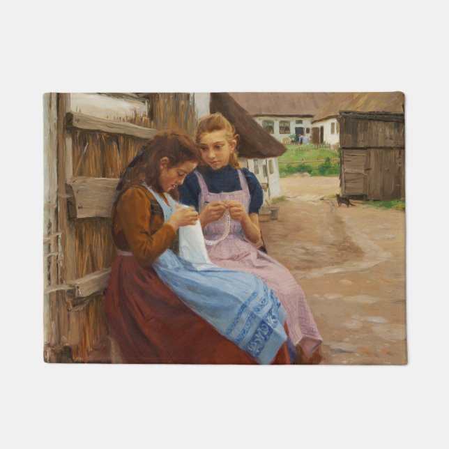 Two Girls With Needlework Sitting in a Farmyard Doormat (Front)