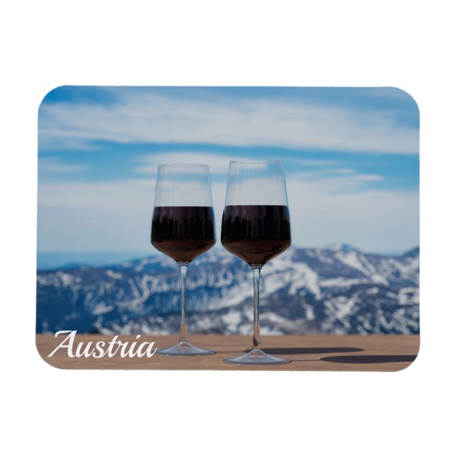 Two glasses of red wine against mountains magnet (Horizontal)