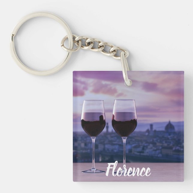 Two glasses of red wine on Florence skyline Key Ring (Front)