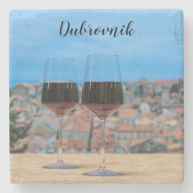 Two glasses of red wine with view of Dubrovnik Stone Coaster (Front)