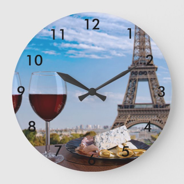 Two glasses of wine in cafe in Paris Large Clock (Front)