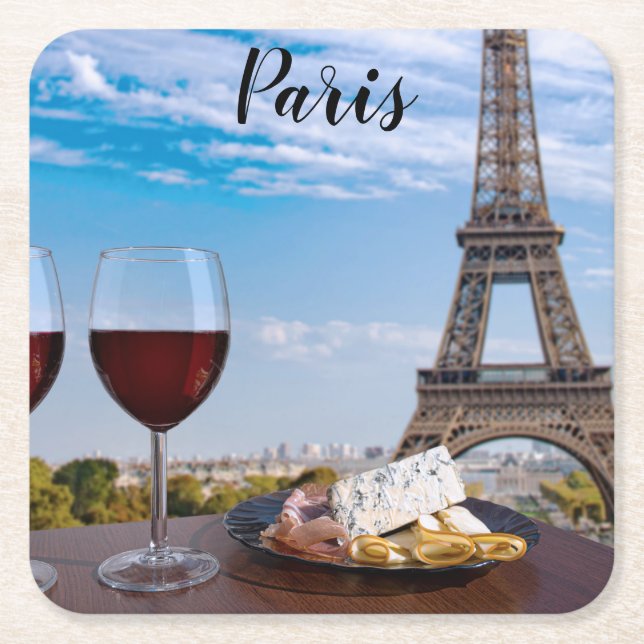 Two glasses of wine in cafe in Paris Square Paper Coaster (Front)