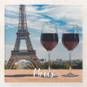 Two glasses of wine with Eiffel tower Glass Coaster