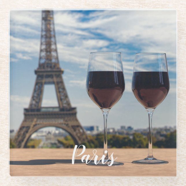 Two glasses of wine with Eiffel tower Glass Coaster (Front)