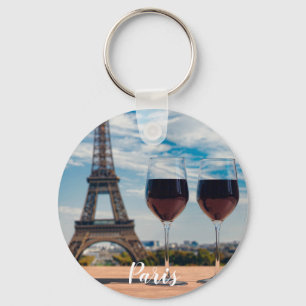 Two glasses of wine with Eiffel tower Key Ring