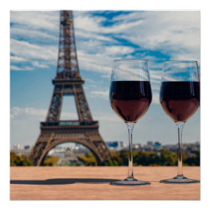 Two glasses of wine with Eiffel tower Poster