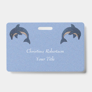 Two Glittery Jumping Dolphins Dark Blue White ID Badge