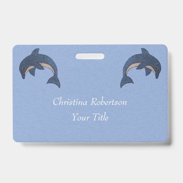 Two Glittery Jumping Dolphins Dark Blue White ID Badge (Front)