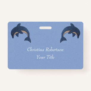 Two Glittery Jumping Dolphins Dark Blue White ID Badge