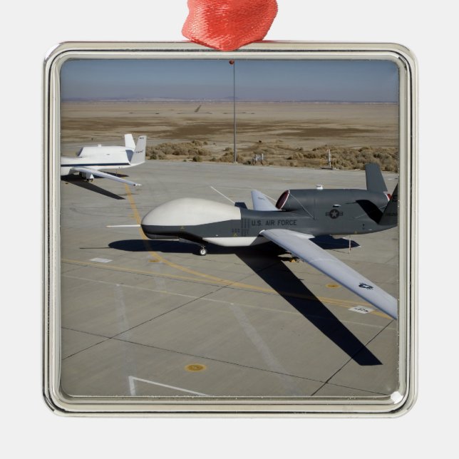 Two Global Hawks parked on a ramp Metal Tree Decoration (Front)