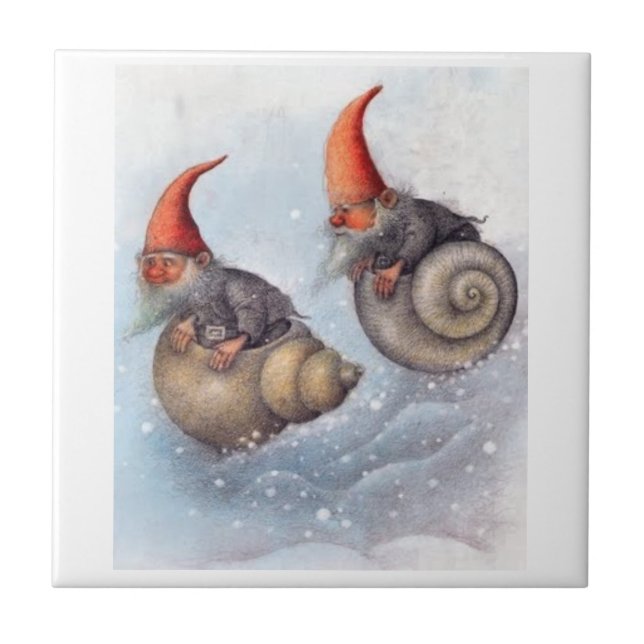 TWO GNOMES SNOWBOARDING ON SNAIL SHELLS TILE (Front)