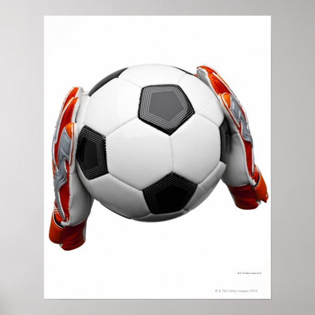 Two goal keepers gloves holding a football poster (Front)