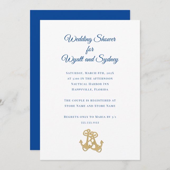 Two Gold Anchors Nautical Shower Invitation (Front/Back)