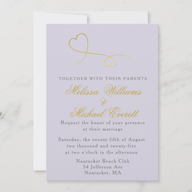 Two Gold Hearts | Lavender Wedding Invitation (Front)
