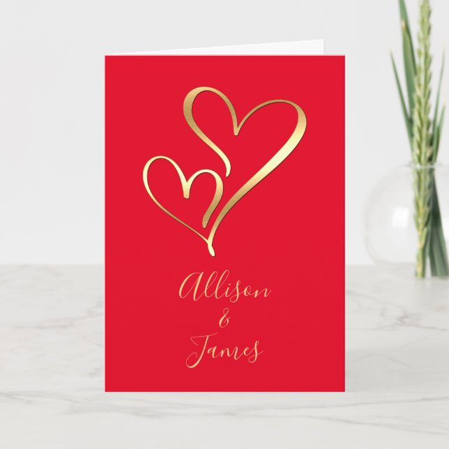 Two Gold Hearts on Red Personalised Names Holiday Card (Front)
