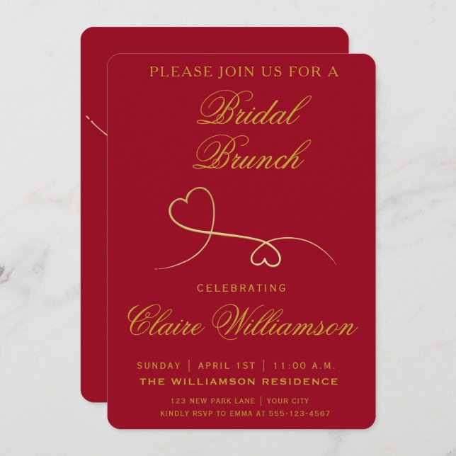 Two Gold Hearts | Red Bridal Brunch Invitation (Front/Back)