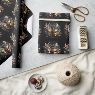 Two Gold Venetian Masks Mardi Gras Carnival Wrapping Paper