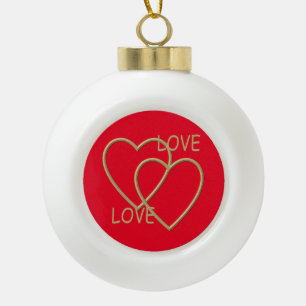 Two golden loving hearts ceramic ball christmas ornament