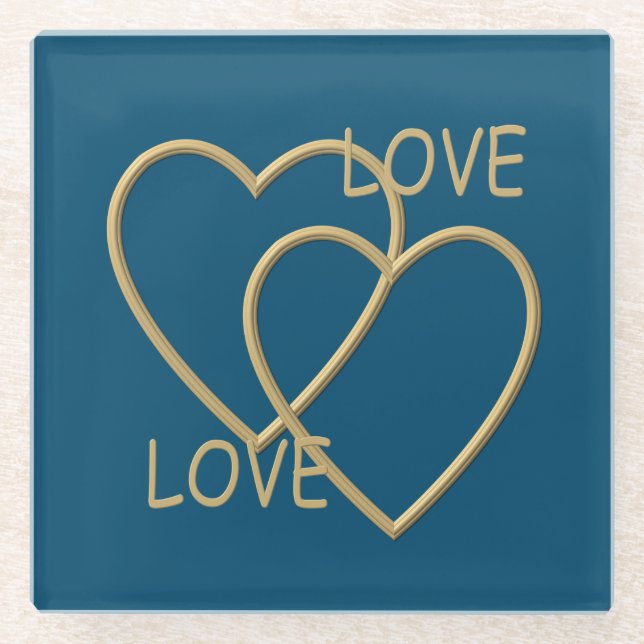 Two golden loving hearts glass coaster (Front)