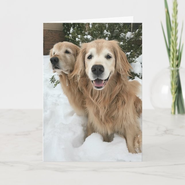 Two Golden Retriever Dogs in the Snow Happy Winter Card (Front)