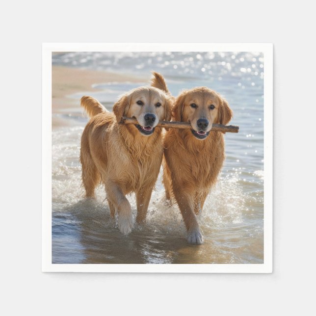 Two Golden Retrievers Carrying a Stick Napkin (Front)