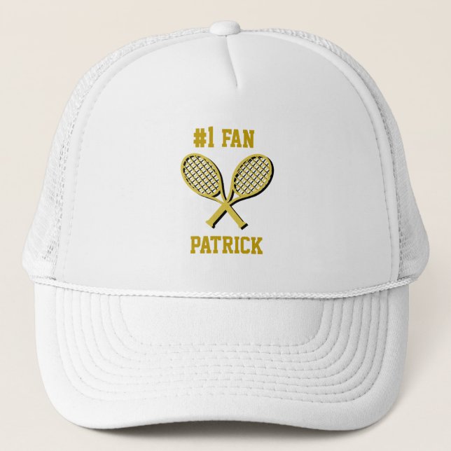 Two Golden Tennis Rackets #1 Sports Fan with Name Trucker Hat (Front)
