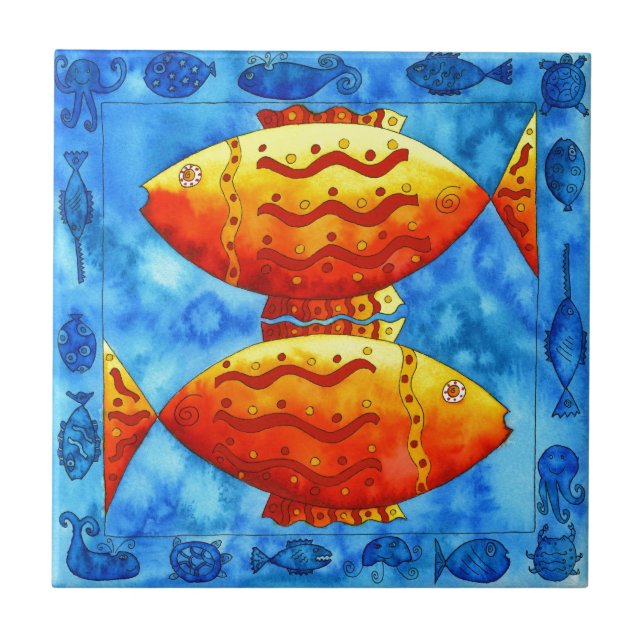 Two Goldfish Watercolour Sea Life Underwater Tile (Front)