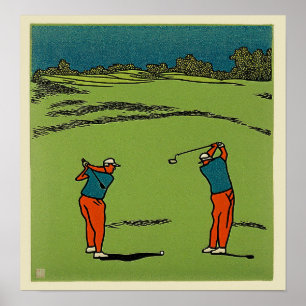 Two Golfers Woodblock Print