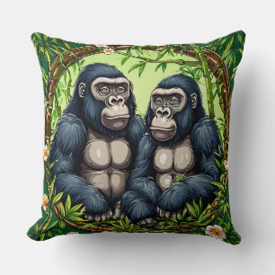 Two Gorillas in a Tropical Bamboo Frame Cushion