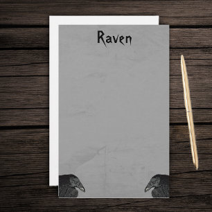 Two Gothic Type Black Raven Illustrations on Grey Stationery