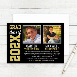 Two Graduate Photo Party Black Gold Invitation