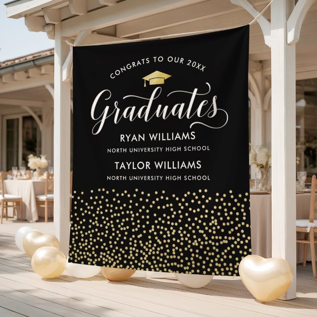 Two Graduates Black Gold Confetti Backdrop Tapestry (Creator Uploaded)