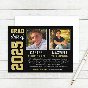 Two Graduates Black Gold Graduation Party Photo Invitation