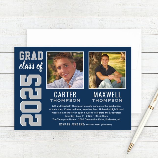 Two Graduates Navy Gray Graduation Party Photo Invitation (Creator Uploaded)